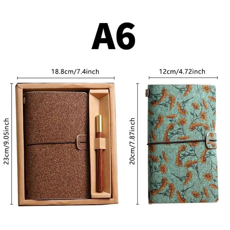 Mini Rose Retro A6 Travelers Leather Notebook & Wooden Pen Gift Box - Floral Botanical Loose-Leaf Journal with Bronze Charm, Kraft Paper and Lined Paper Wholesale Hub