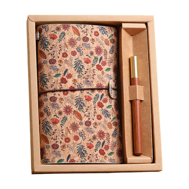 Ivy Retro A6 Travelers Leather Notebook & Wooden Pen Gift Box - Floral Botanical Loose-Leaf Journal with Bronze Charm, Kraft Paper and Lined Paper Wholesale Hub