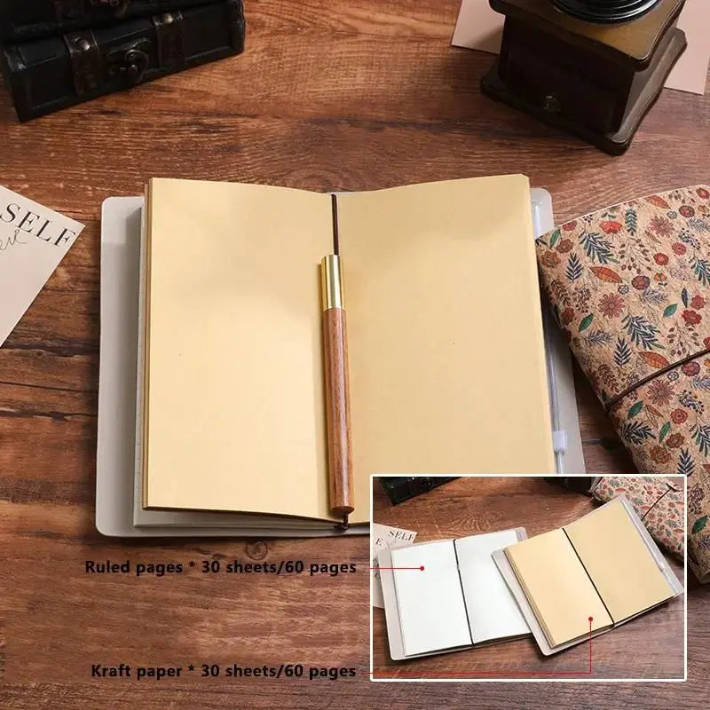 Ivy Retro A6 Travelers Leather Notebook & Wooden Pen Gift Box - Floral Botanical Loose-Leaf Journal with Bronze Charm, Kraft Paper and Lined Paper Wholesale Hub