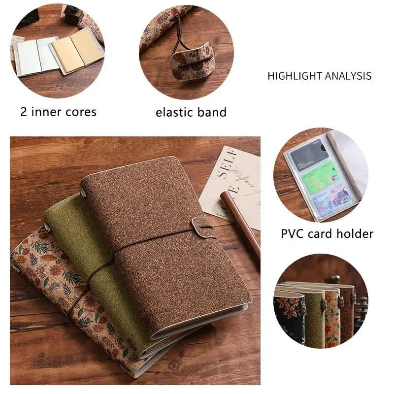 Forest Floral Retro A6 Travelers Leather Notebook & Wooden Pen Gift Box - Floral Botanical Loose-Leaf Journal with Bronze Charm, Kraft Paper and Lined Paper Wholesale Hub