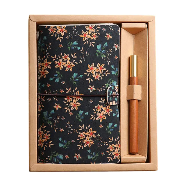 Calendula Retro A6 Travelers Leather Notebook & Wooden Pen Gift Box - Floral Botanical Loose-Leaf Journal with Bronze Charm, Kraft Paper and Lined Paper Wholesale Hub