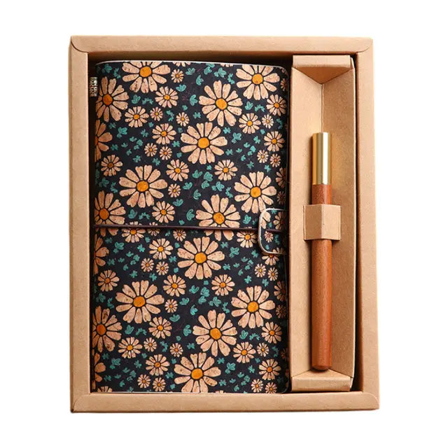 Cornflower Retro A6 Travelers Leather Notebook & Wooden Pen Gift Box - Floral Botanical Loose-Leaf Journal with Bronze Charm, Kraft Paper and Lined Paper Wholesale Hub