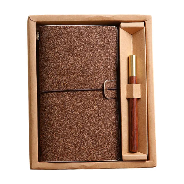 Shiny Brown Retro A6 Travelers Leather Notebook & Wooden Pen Gift Box - Floral Botanical Loose-Leaf Journal with Bronze Charm, Kraft Paper and Lined Paper Wholesale Hub