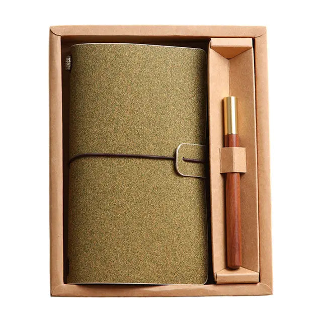 Shiny Green Retro A6 Travelers Leather Notebook & Wooden Pen Gift Box - Floral Botanical Loose-Leaf Journal with Bronze Charm, Kraft Paper and Lined Paper Wholesale Hub