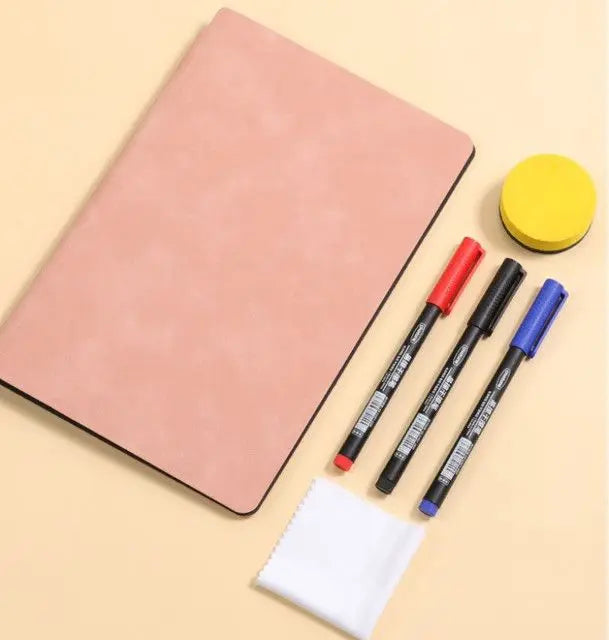 Green A4 PU Leather Whiteboard Notebook with 3-Color Pens, Eraser & Cloth - Reusable Eco-Friendly Desktop Memo Pad & Handheld Writing Tablet Wholesale Hub