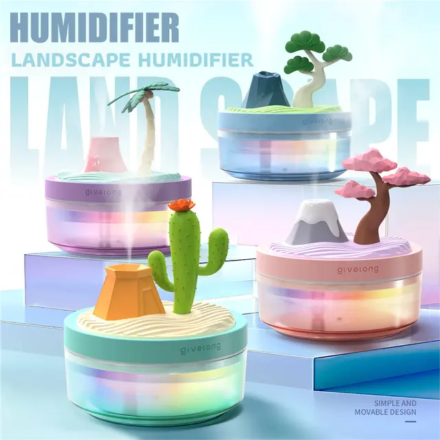 Cactus & Pine Tree USB Portable Bionic Landscape Humidifier and Creative Potted Plant Air Diffuser - 7-Color Night Light & 2-Mode Mist Timer Wholesale Hub