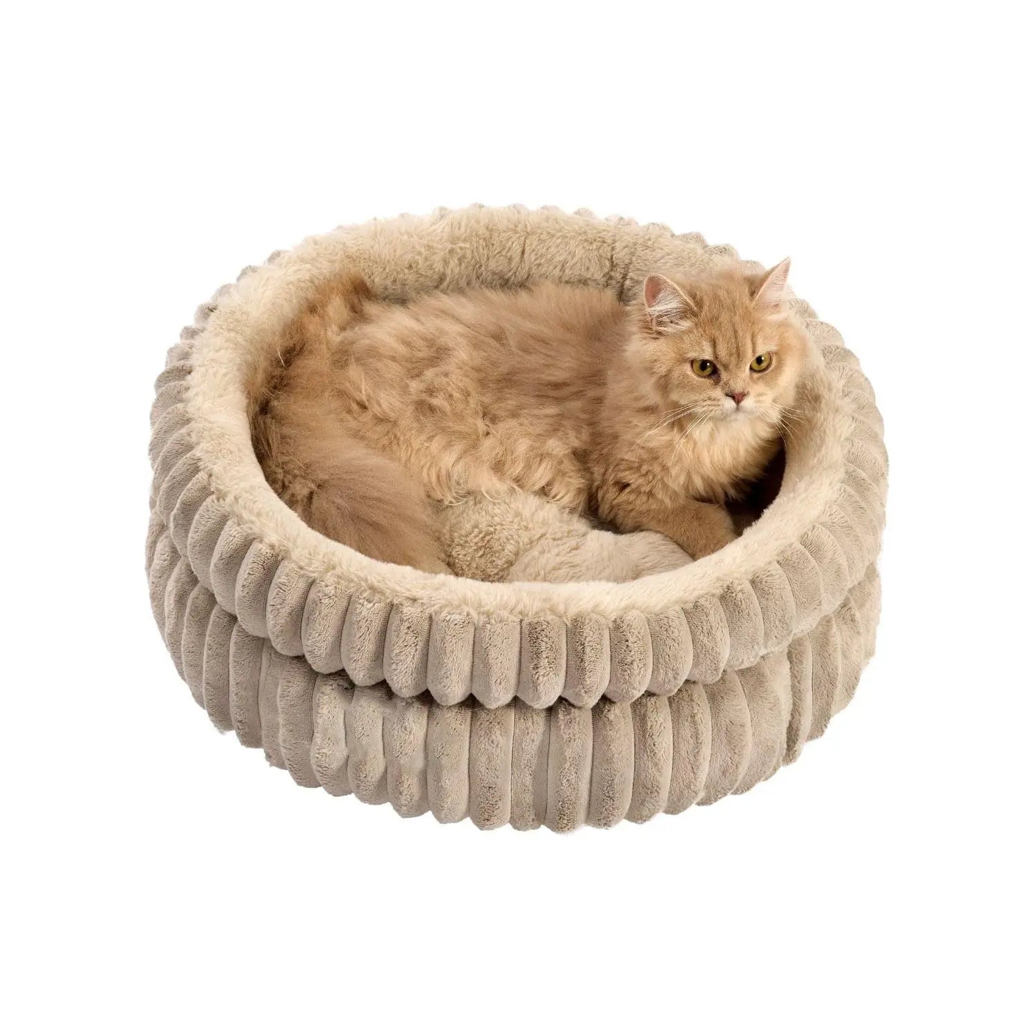 50x50x18 CM Brown Ultra-Soft Thickened Round Pet Bed with Stripe Texture - Plush Self-Warming Donut Nest for Cats and Small Dogs Wholesale Hub
