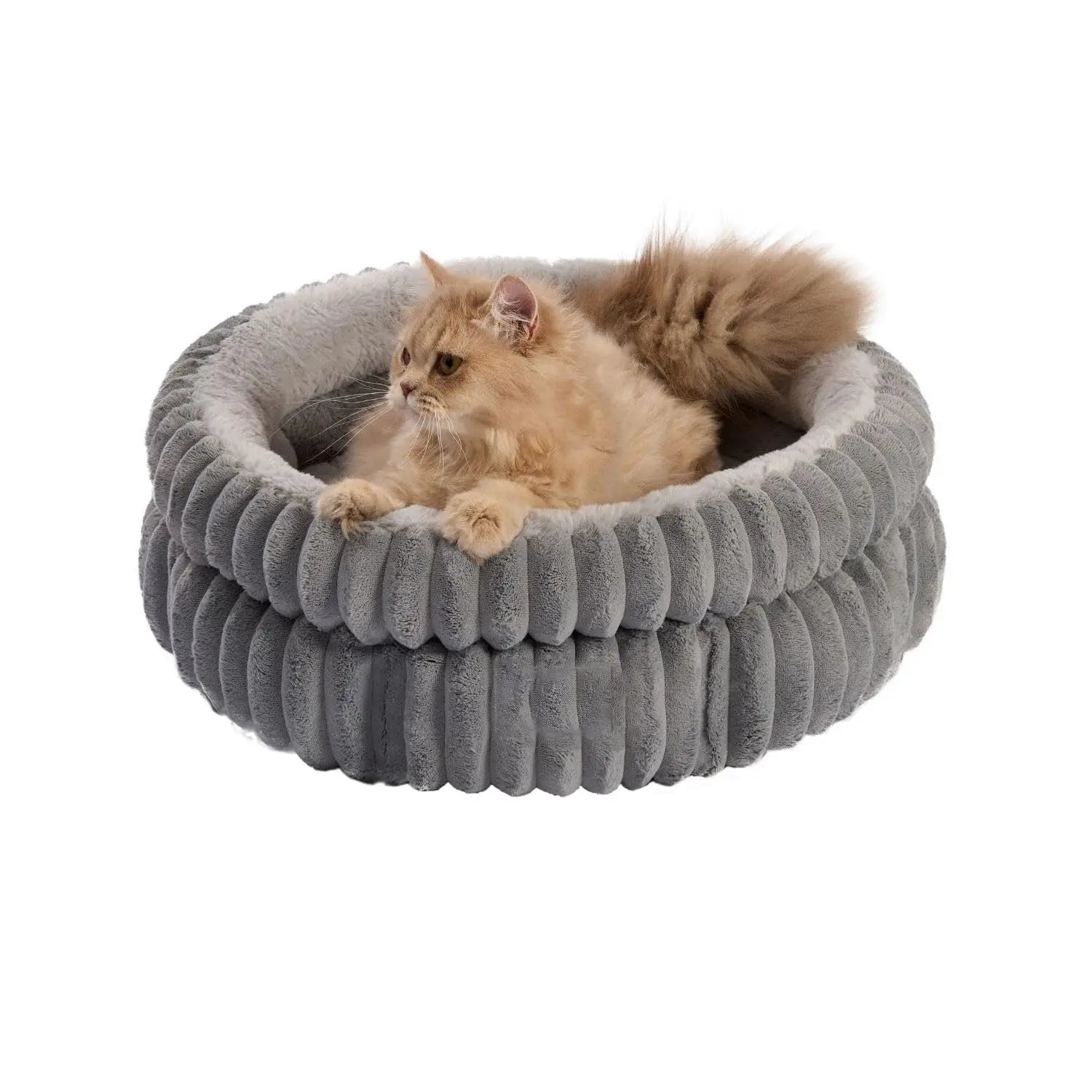 50x50x18 CM Grey Ultra-Soft Thickened Round Pet Bed with Stripe Texture - Plush Self-Warming Donut Nest for Cats and Small Dogs Wholesale Hub