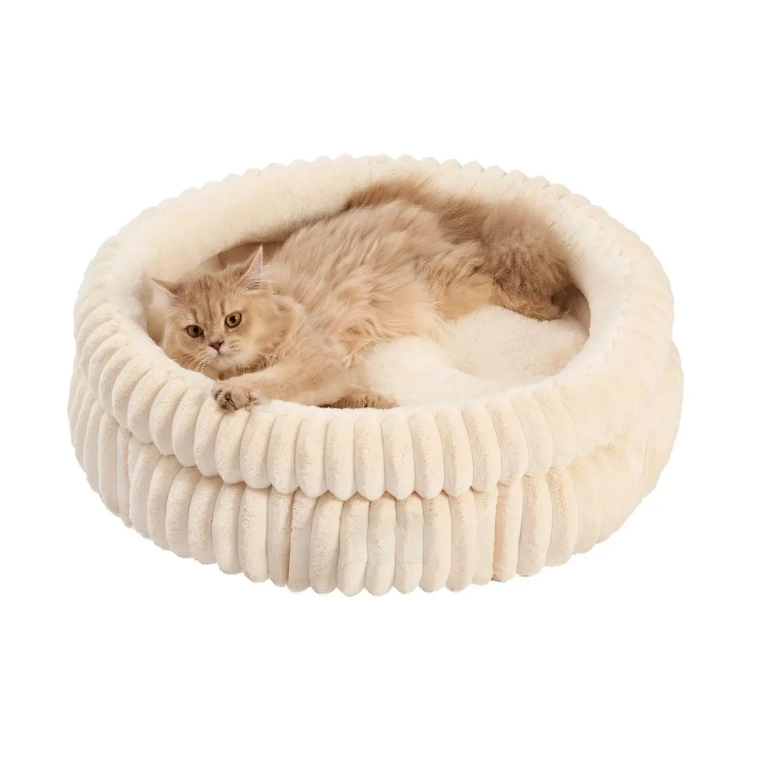 50x50x18 CM Beige Ultra-Soft Thickened Round Pet Bed with Stripe Texture - Plush Self-Warming Donut Nest for Cats and Small Dogs Wholesale Hub