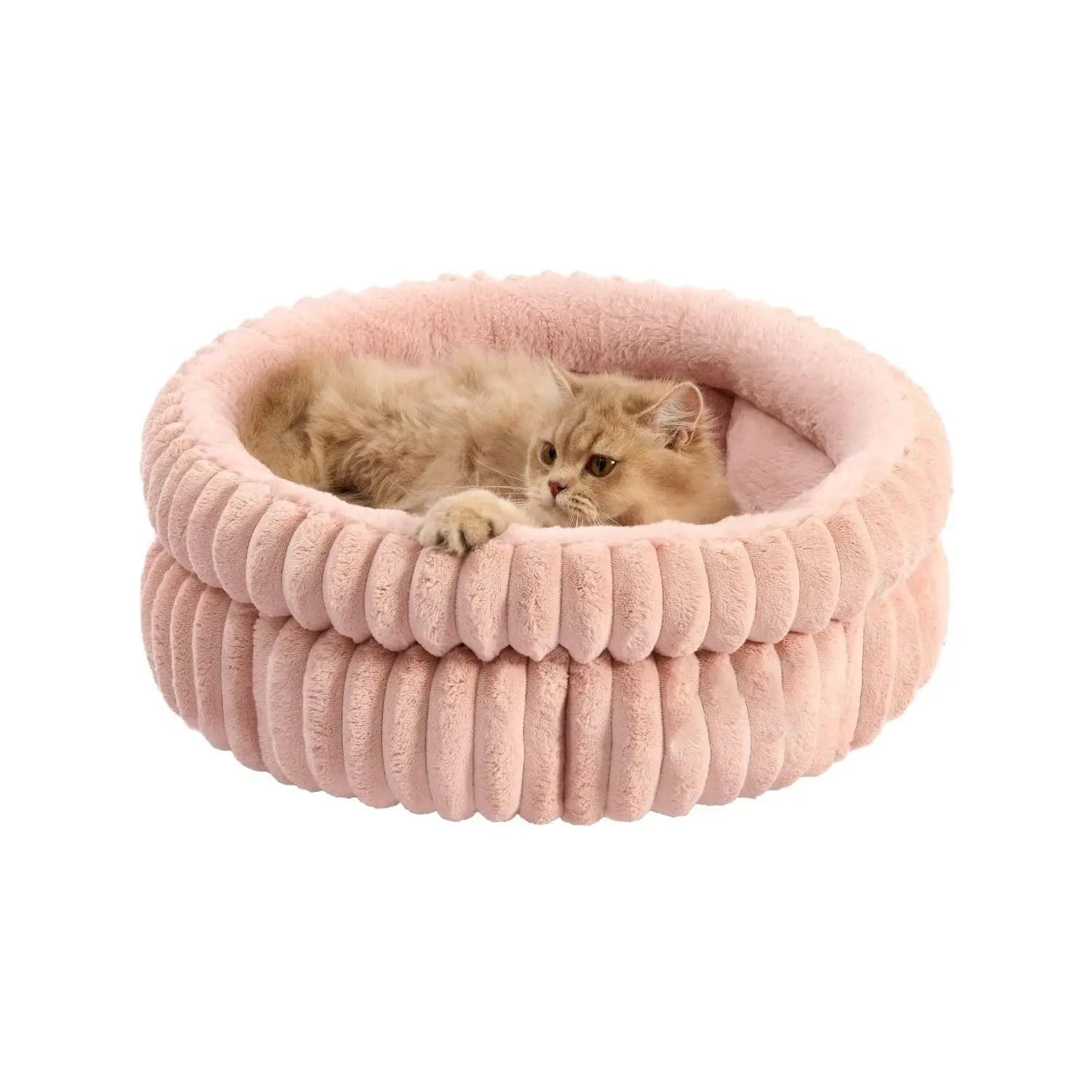 50x50x18 CM Pink Ultra-Soft Thickened Round Pet Bed with Stripe Texture - Plush Self-Warming Donut Nest for Cats and Small Dogs Wholesale Hub