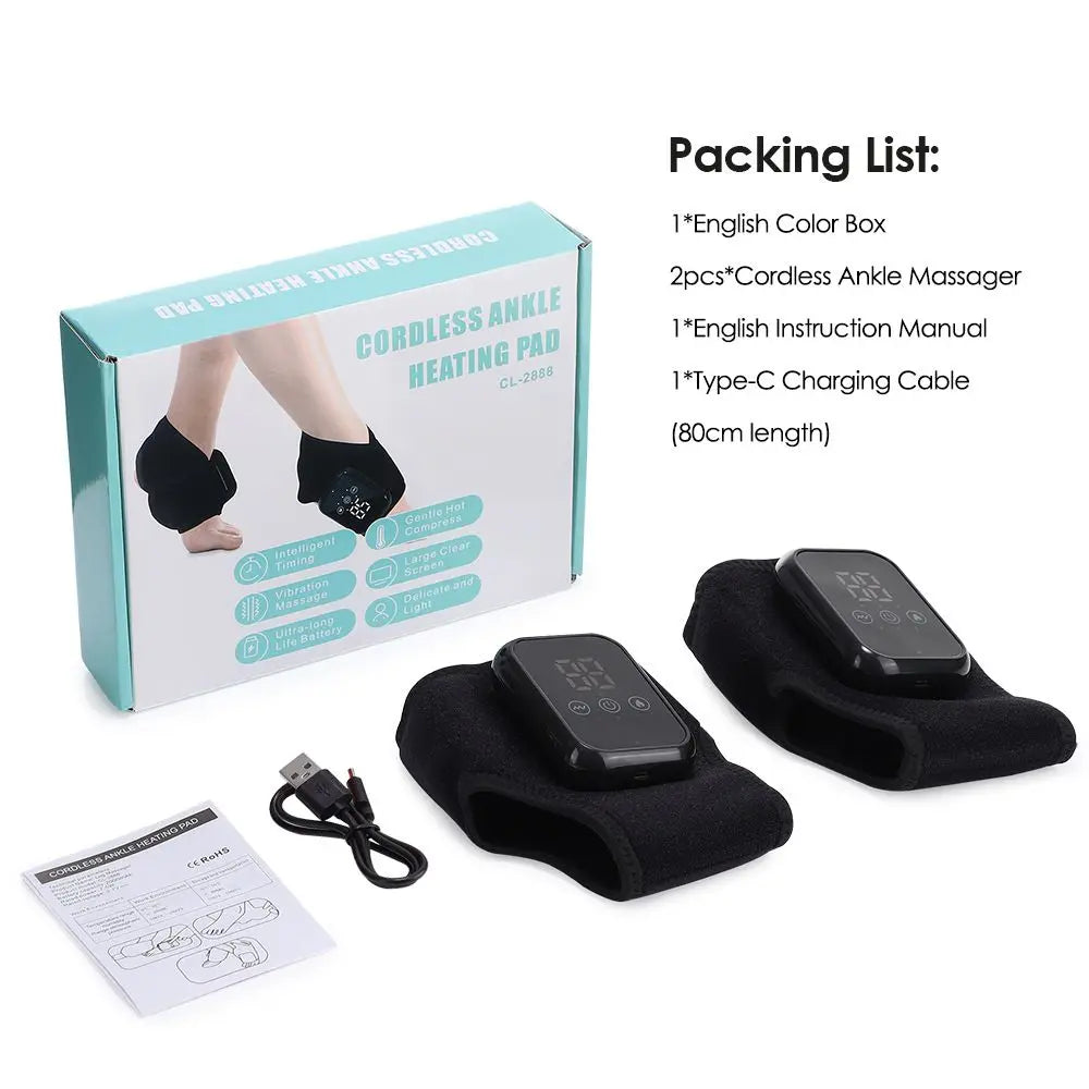 2-Pack Black Wireless Rechargeable Heated Ankle Massager - 3 Heat Levels & 3 Vibrating Intensities Foot Joint Wrap for Pain Relief and Recovery Wholesale Hub