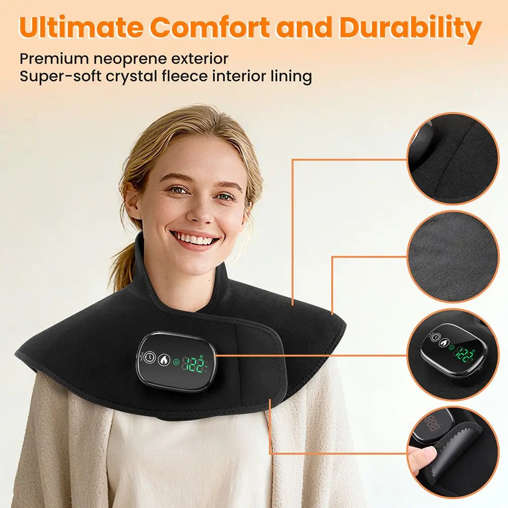 Black Wireless Large Coverage Heated Shoulder & Neck Wrap - TypeC Rechargeable Thermal Therapy Shawl with 4 Temp Levels & 5 Timers Wholesale Hub
