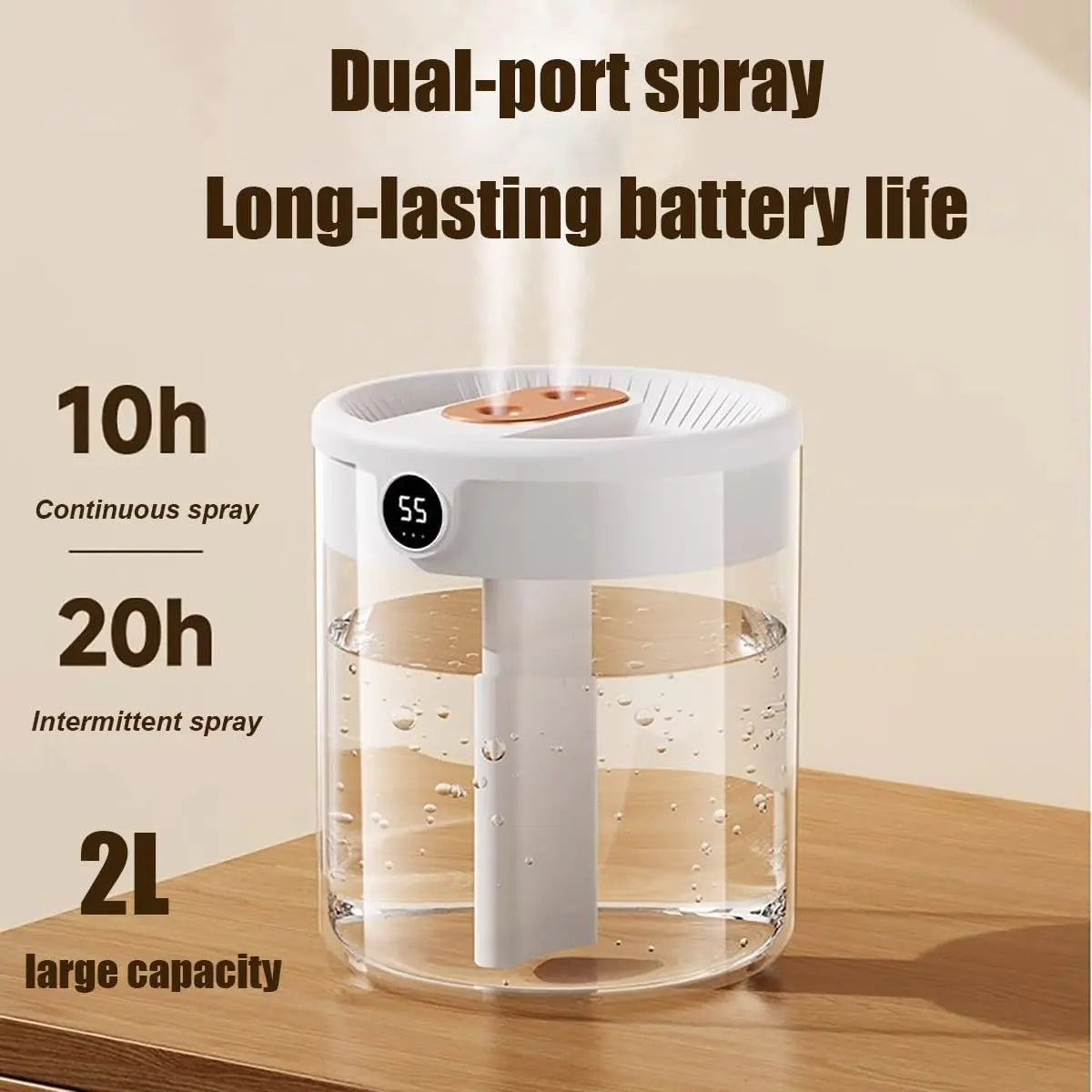 White 2L Dual-Spray Ultrasonic Humidifier and Air Diffuser with Night Light - USB Powered, Quiet Operation, Smart Digital Display & Real-Time Humidity Sensor Wholesale Hub