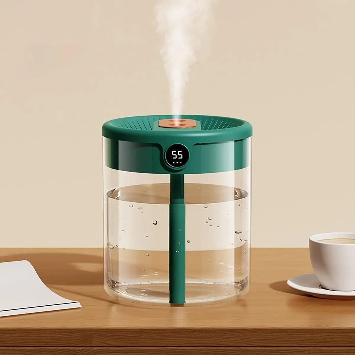 Green 2L Dual-Spray Ultrasonic Humidifier and Air Diffuser with Night Light - USB Powered, Quiet Operation, Smart Digital Display & Real-Time Humidity Sensor Wholesale Hub