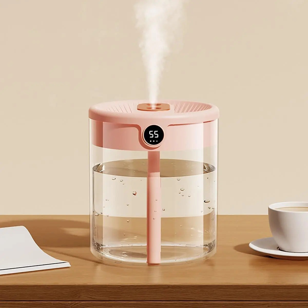Pink 2L Dual-Spray Ultrasonic Humidifier and Air Diffuser with Night Light - USB Powered, Quiet Operation, Smart Digital Display & Real-Time Humidity Sensor Wholesale Hub