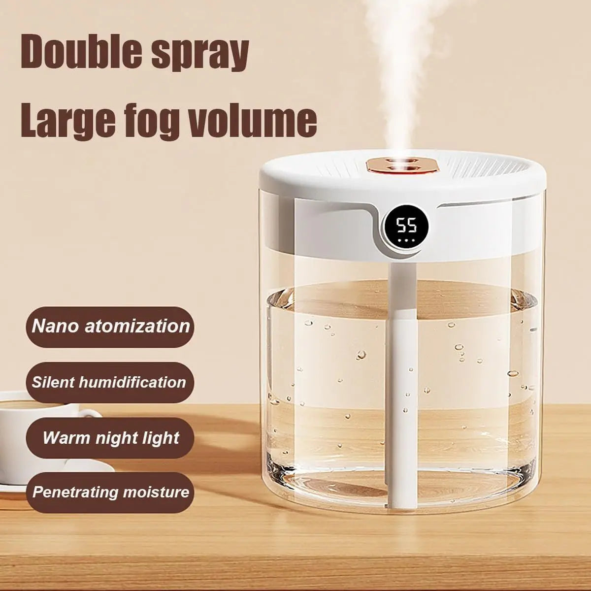 Pink 2L Dual-Spray Ultrasonic Humidifier and Air Diffuser with Night Light - USB Powered, Quiet Operation, Smart Digital Display & Real-Time Humidity Sensor Wholesale Hub