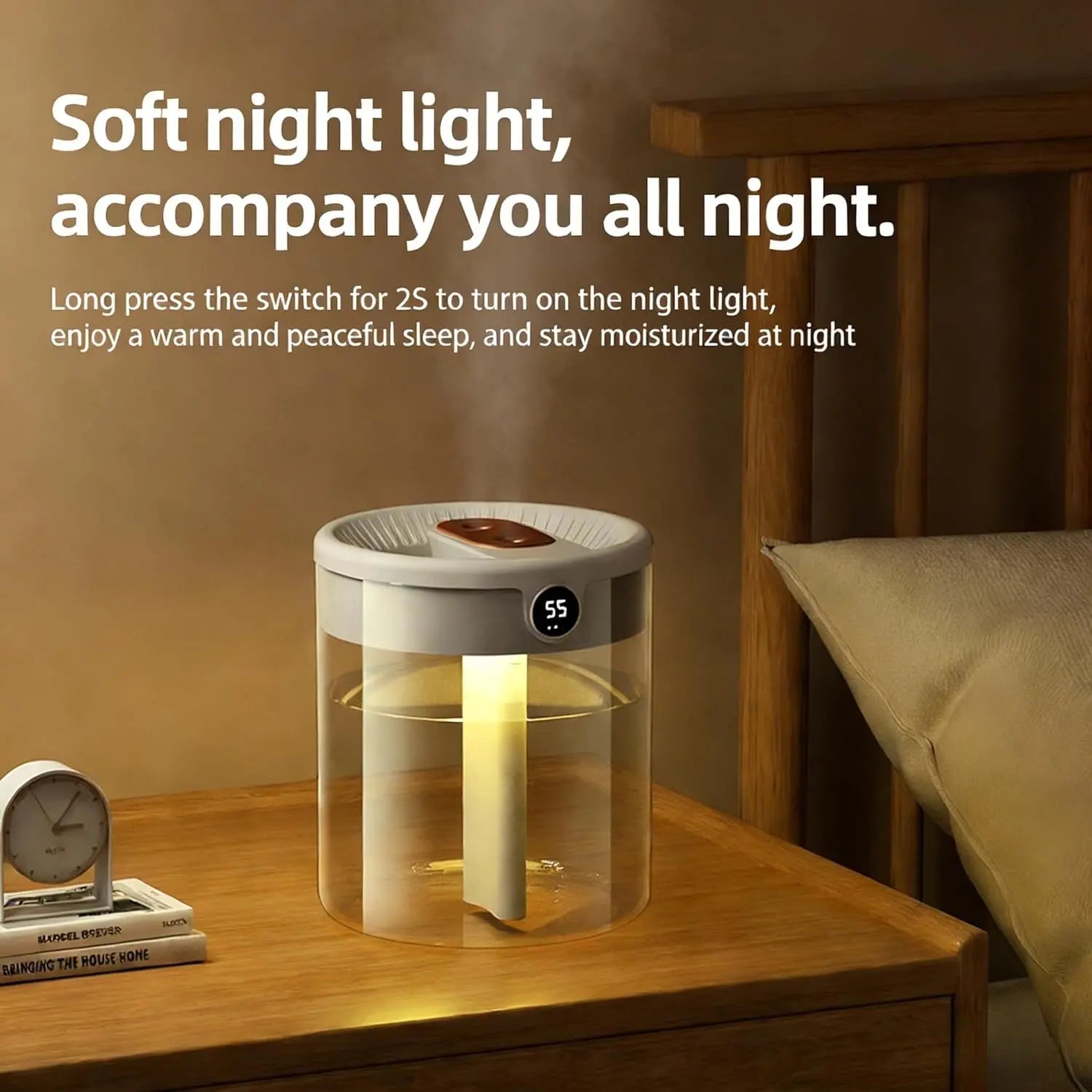 Pink 2L Dual-Spray Ultrasonic Humidifier and Air Diffuser with Night Light - USB Powered, Quiet Operation, Smart Digital Display & Real-Time Humidity Sensor Wholesale Hub