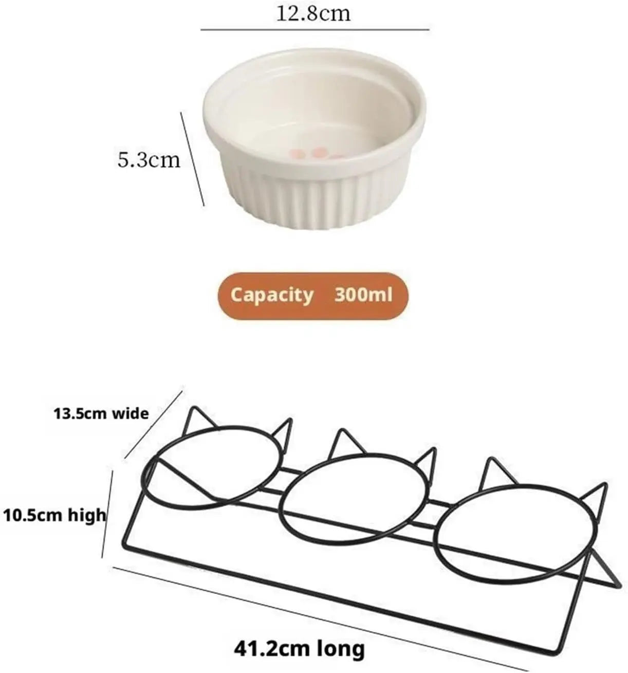 Triple Slanted Ceramic Pet Bowl Set with Elevated Iron Stand and Non Slip Base - 3 x 300ML Versatile Blue Cat Paw Print Pattern Dishes for Water & Food Wholesale Hub