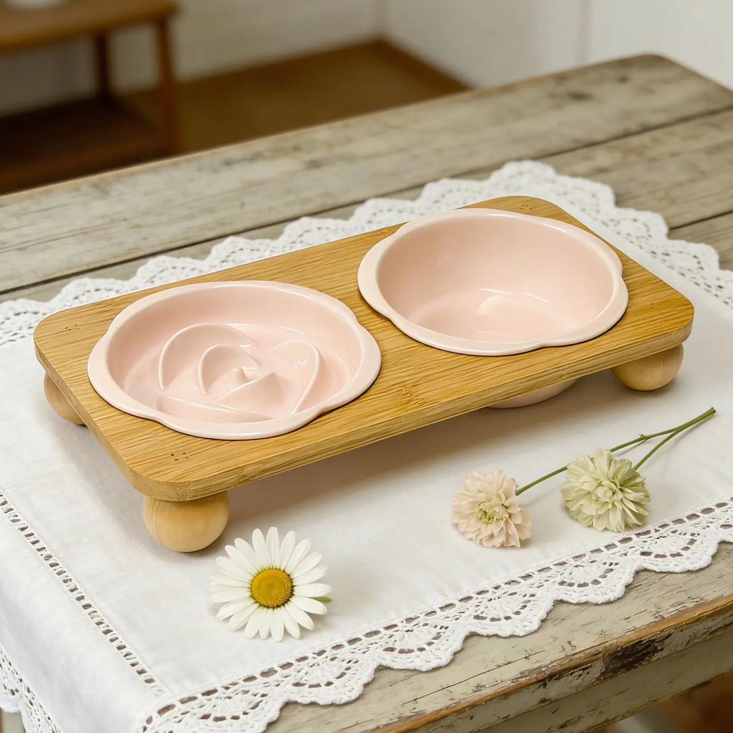 Pink Ceramic Floral Cat Slow Feeder(190ML) & Water Bowl(320ML) Set - Dishwasher Safe Pet Dual Dining Kit with Neck-Friendly Elevated Stand Wholesale Hub