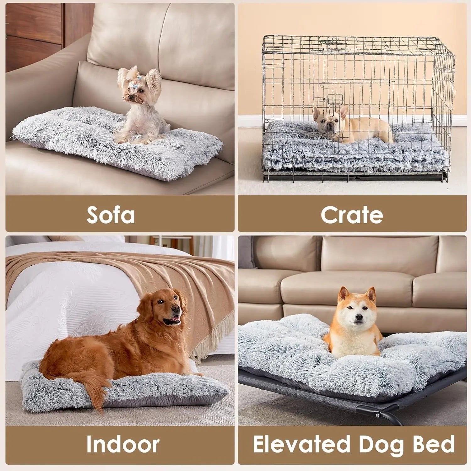65 x 50 CM Winter Long Plush Dog Bed for Large Dogs - 10CM Thickened Fluffy Faux Fur Pad - Calming Anti Anxiety Pet Cushion with Non-Slip Bottom, Removable & Washable Heavy Duty Bedding, Grey Wholesale Hub