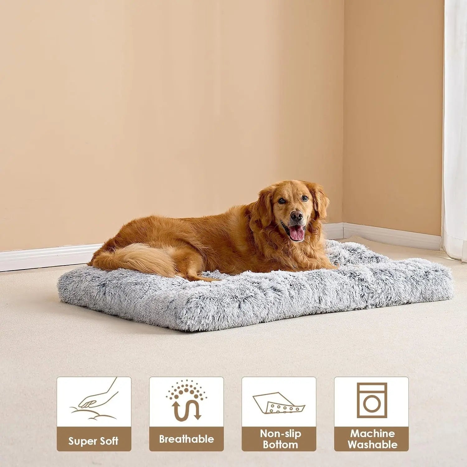 55 x 40 CM Winter Long Plush Dog Bed for Large Dogs - 10CM Thickened Fluffy Faux Fur Pad - Calming Anti Anxiety Pet Cushion with Non-Slip Bottom, Removable & Washable Heavy Duty Bedding, Grey S Size Wholesale Hub