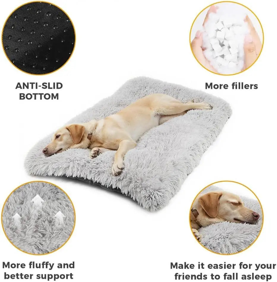55 x 40 CM Winter Long Plush Dog Bed for Large Dogs - 10CM Thickened Fluffy Faux Fur Pad - Calming Anti Anxiety Pet Cushion with Non-Slip Bottom, Removable & Washable Heavy Duty Bedding, Grey S Size Wholesale Hub