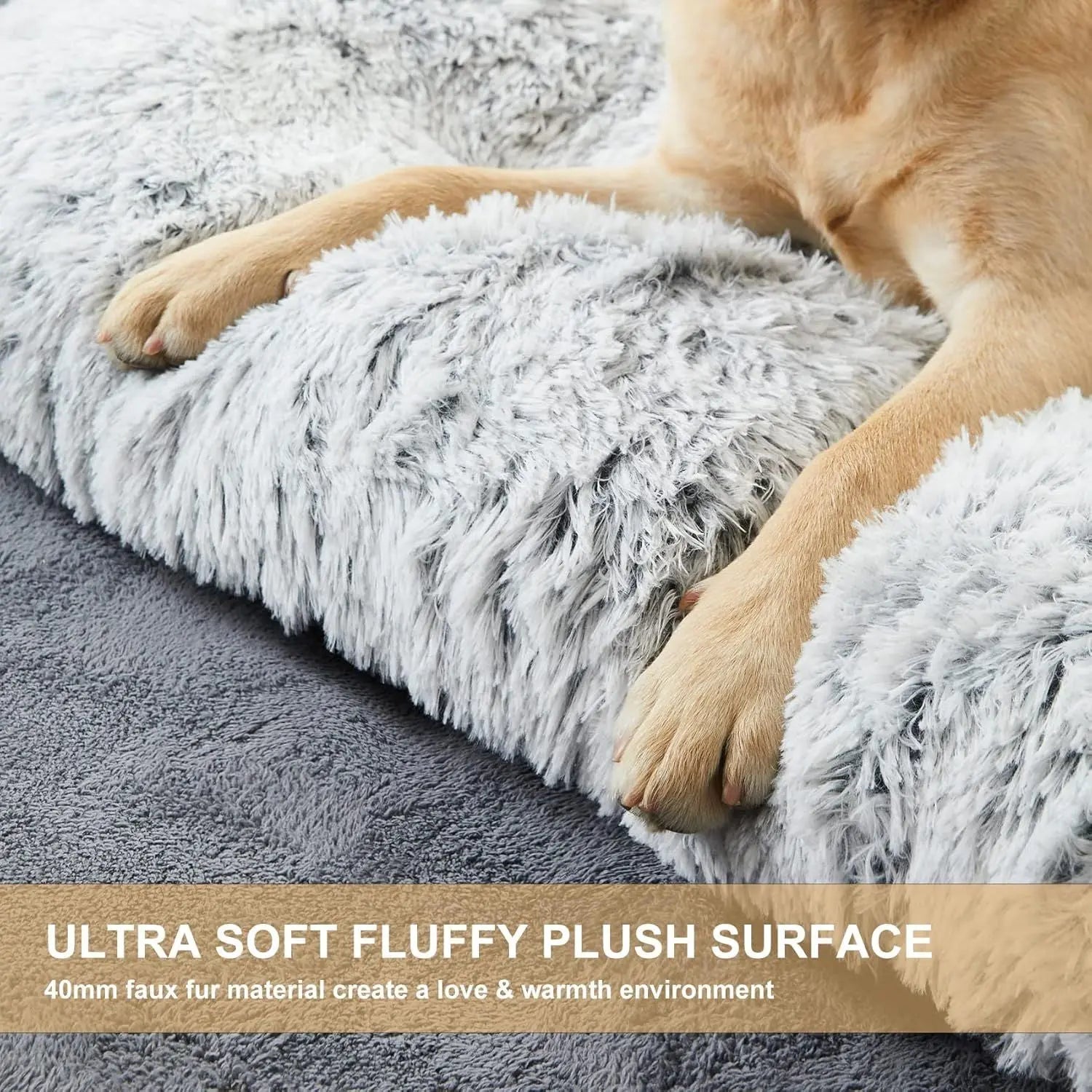 110 x 75 CM Winter Long Plush Dog Bed for Large Dogs - 10CM Thickened Fluffy Faux Fur Pad - Calming Anti Anxiety Pet Cushion with Non-Slip Bottom, Removable & Washable Heavy Duty Bedding, Grey 2XL Size Wholesale Hub