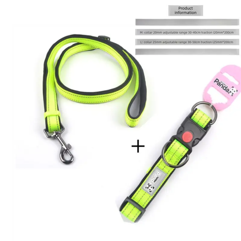 Green L size Vibrant Reflective Dog Collar and Leash Set - Adjustable Nylon Pet Harness with Comfortable Padding Wholesale Hub