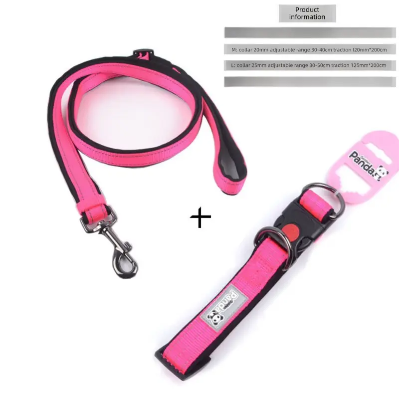 Pink M size Vibrant Reflective Dog Collar and Leash Set - Adjustable Nylon Pet Harness with Comfortable Padding Wholesale Hub