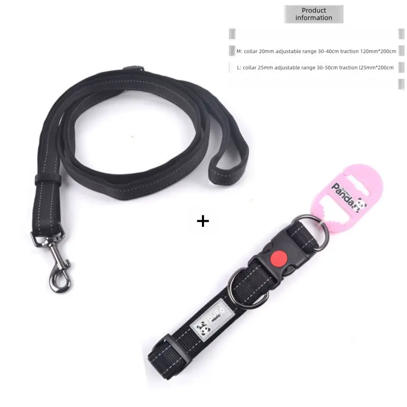 Black L size Vibrant Reflective Dog Collar and Leash Set - Adjustable Nylon Pet Harness with Comfortable Padding Wholesale Hub