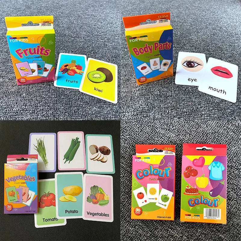 4-Set Kids Early Education Flash Cards, Montessori Cognitive Development Toys for Toddlers Ages 4+, Educational Gift for Boys Girls【Vegetables+Fruits+Colour+Body Parts】 Wholesale Hub