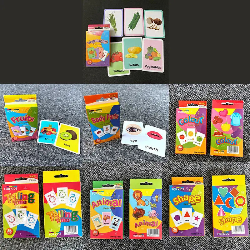 7-Set Kids Early Education Flash Cards, Montessori Cognitive Development Toys for Toddlers Ages 4+, Educational Gift for Boys Girls【Animal+Shape+Colour+Time+Vegetables+Fruits+Body Parts】 Wholesale Hub