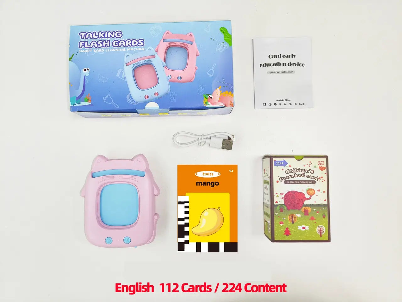 Pink Cat Talking Cards Educational Toy for Toddlers 112 Cards Audible Preschool Learning Machine Early Childhood Development Interactive Reading Cards with Rechargeable Battery ABS Material Wholesale Hub