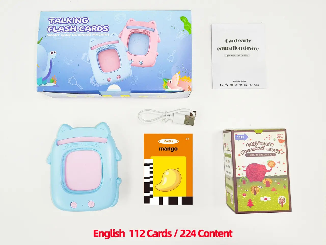 Blue Cat Talking Cards Educational Toy for Toddlers 112 Cards Audible Preschool Learning Machine Early Childhood Development Interactive Reading Cards with Rechargeable Battery ABS Material Wholesale Hub