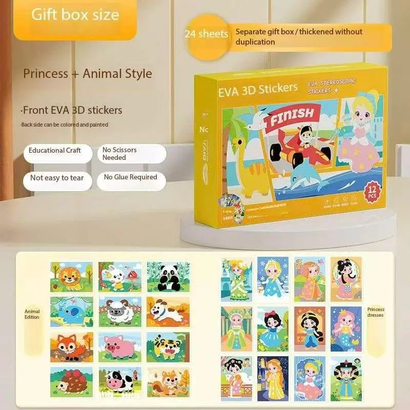 2-pce Kids 3D EVA Foam Sticker Art Kit - Princess Theme DIY Craft Activity Set with 12 Designs, Self-Adhesive Pre-Cut Shapes, Creative Handmade Gift Box for Girls Ages 4+ Preschool Educational Toy【Animals+Princesses】 Wholesale Hub