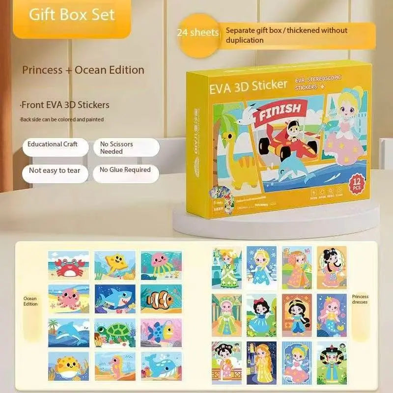 2-pce Kids 3D EVA Foam Sticker Art Kit - Princess Theme DIY Craft Activity Set with 12 Designs, Self-Adhesive Pre-Cut Shapes, Creative Handmade Gift Box for Girls Ages 4+ Preschool Educational Toy【 Oceans+Princesses】 Wholesale Hub