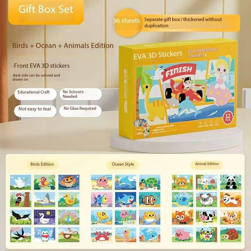 3-pce Kids 3D EVA Foam Sticker Art Kit - Princess Theme DIY Craft Activity Set with 12 Designs, Self-Adhesive Pre-Cut Shapes, Creative Handmade Gift Box for Girls Ages 4+ Preschool Educational Toy【Animals+ Oceans+Birds】 Wholesale Hub