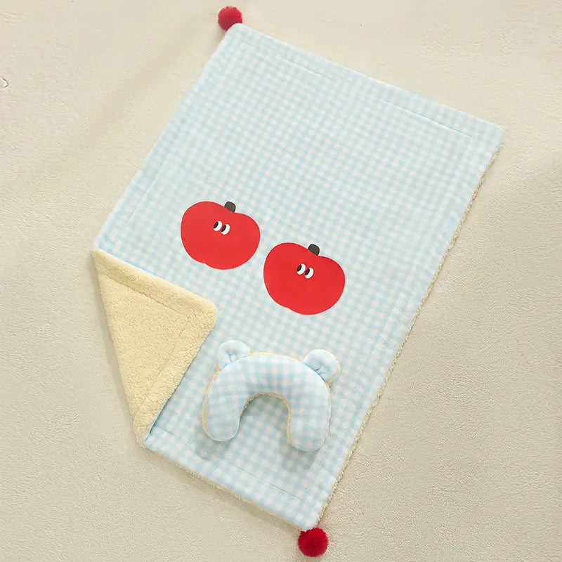 M size 2-Piece Plaid Apple Pet Blanket and Pillow Set - Soft Cotton Plush Sleeping Mat for Dogs and Cats, All-Season Reversible Cushion Bed with Cute Bear Pillow, Machine Washable Pet Bed Accessories Wholesale Hub