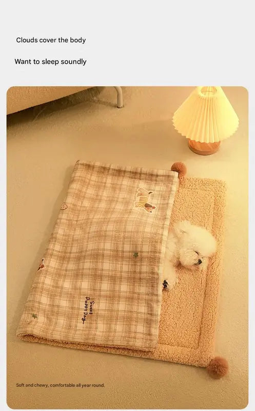 M size 2-Piece Plaid Apple Pet Blanket and Pillow Set - Soft Cotton Plush Sleeping Mat for Dogs and Cats, All-Season Reversible Cushion Bed with Cute Bear Pillow, Machine Washable Pet Bed Accessories Wholesale Hub