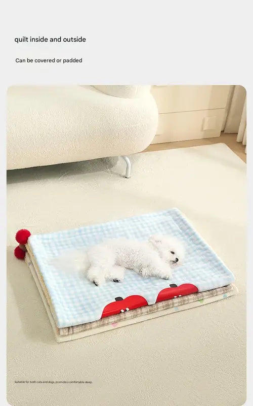 M size 2-Piece Plaid Apple Pet Blanket and Pillow Set - Soft Cotton Plush Sleeping Mat for Dogs and Cats, All-Season Reversible Cushion Bed with Cute Bear Pillow, Machine Washable Pet Bed Accessories Wholesale Hub