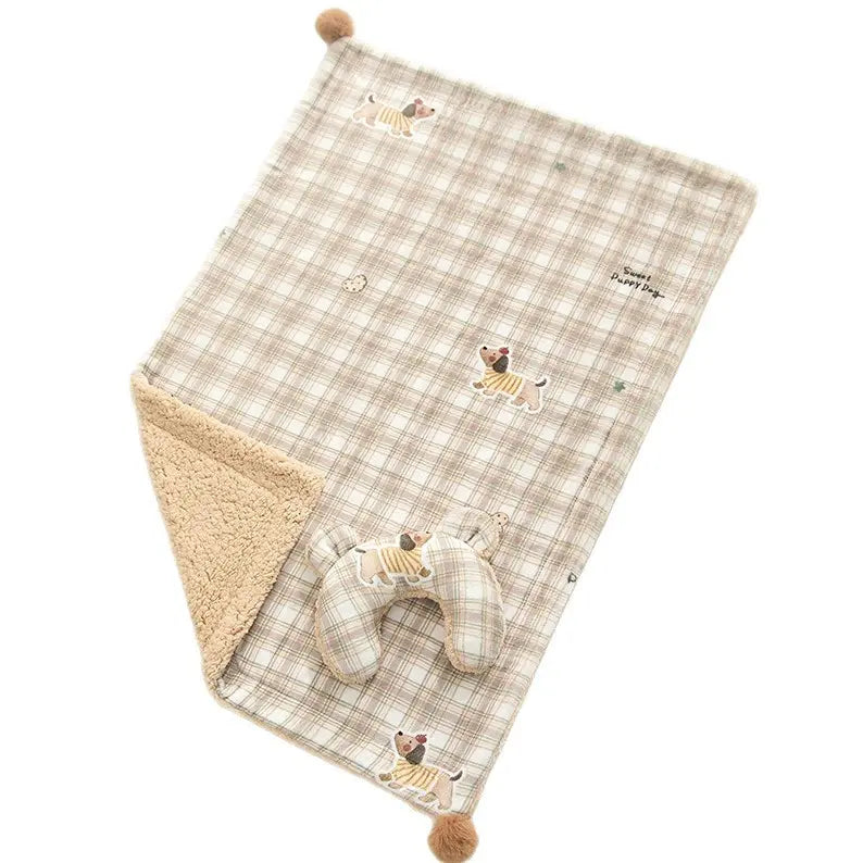 M size 2-Piece Plaid Puppy Pet Blanket and Pillow Set - Soft Cotton Plush Sleeping Mat for Dogs and Cats, All-Season Reversible Cushion Bed with Cute Bear Pillow, Machine Washable Pet Bed Accessories Wholesale Hub