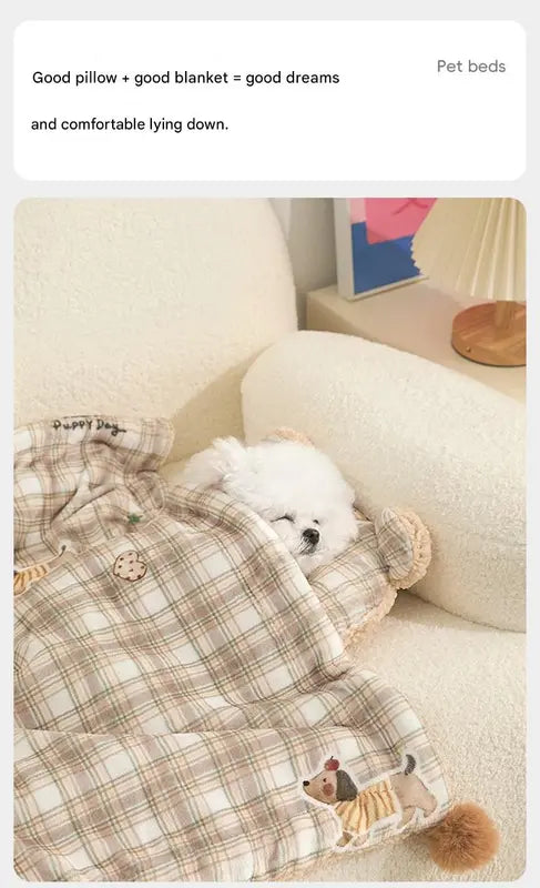 M size 2-Piece Plaid Puppy Pet Blanket and Pillow Set - Soft Cotton Plush Sleeping Mat for Dogs and Cats, All-Season Reversible Cushion Bed with Cute Bear Pillow, Machine Washable Pet Bed Accessories Wholesale Hub