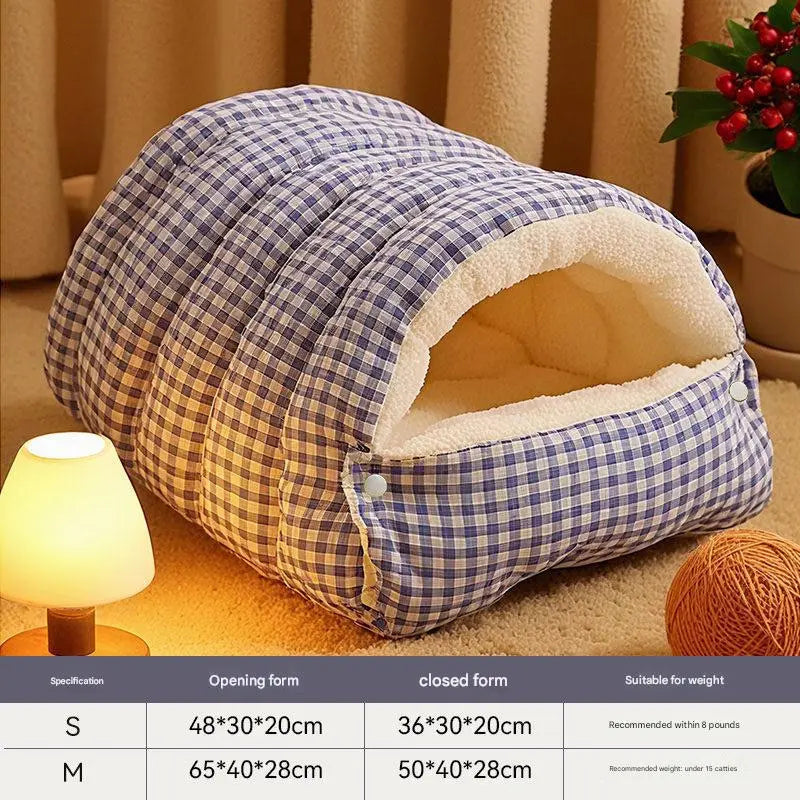 S size Blue Plaid Cat Cave Bed Winter Warm Enclosed Pet House Cozy Cat Sleeping Bag Semi-Enclosed Cat Nest Small Dog Bed PP Cotton Filling Washable Pet Supplies Wholesale Hub