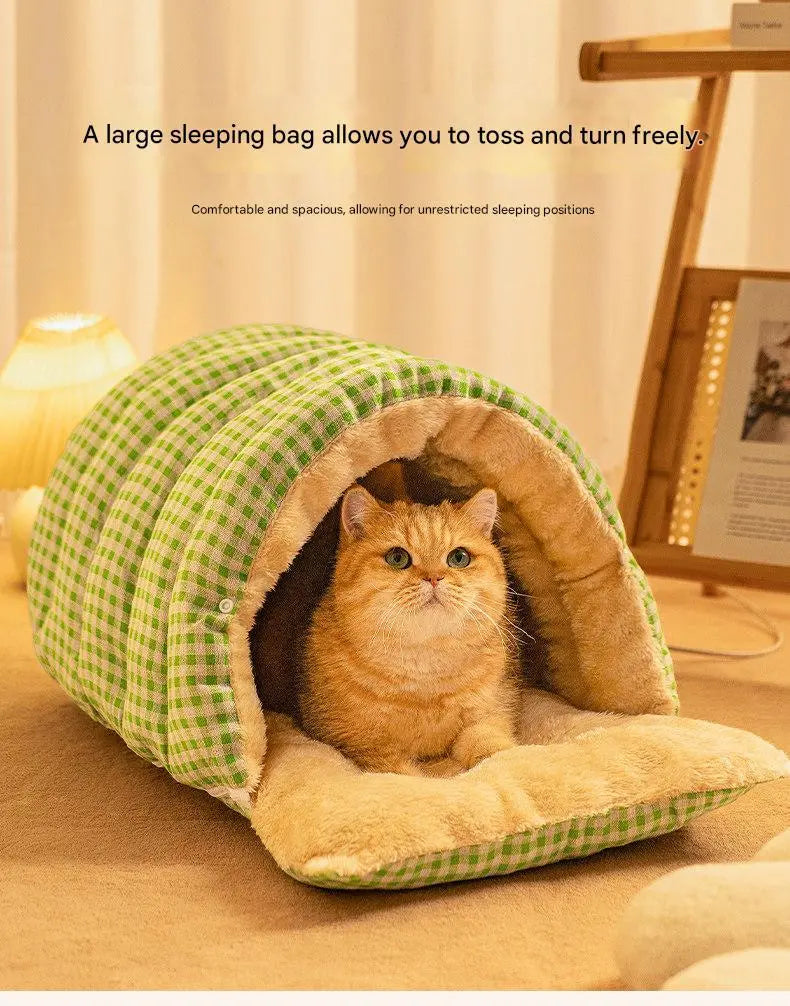 S size Blue Plaid Cat Cave Bed Winter Warm Enclosed Pet House Cozy Cat Sleeping Bag Semi-Enclosed Cat Nest Small Dog Bed PP Cotton Filling Washable Pet Supplies Wholesale Hub