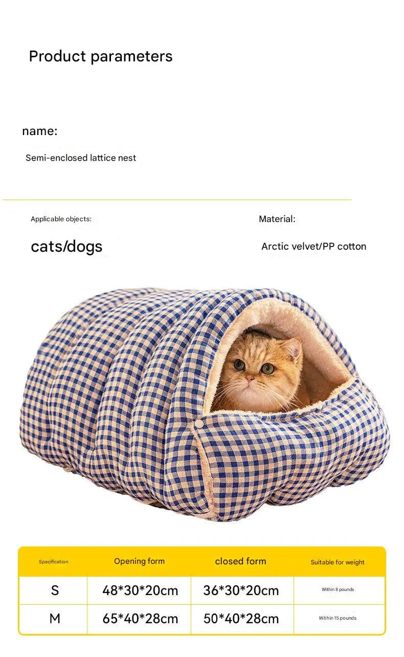 S size Orange Plaid Cat Cave Bed Winter Warm Enclosed Pet House Cozy Cat Sleeping Bag Semi-Enclosed Cat Nest Small Dog Bed PP Cotton Filling Washable Pet Supplies Wholesale Hub