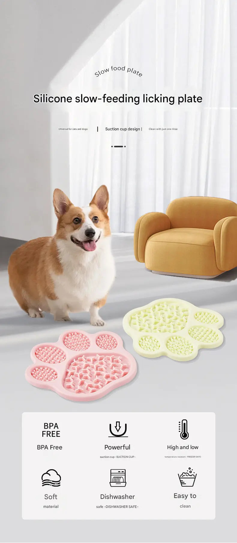 Light Yellow Silicone Slow Feeder Lick Mat for Dogs and Cats - Paw Shaped Non Slip Pet Bowl with Suction Cups - BPA Free, Dishwasher Safe, Freezer Safe, Anxiety Relief, Easy Clean, 20x17cm - Pink, Brown, Yellow Wholesale Hub