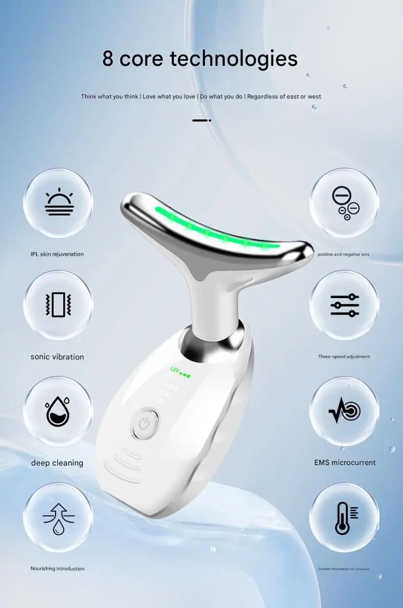 White Neck and Face Massager - 3 Colour Light Therapy, EMS Microcurrent, Vibration & Heat - Rechargeable Anti-Ageing Device for Wrinkles, Neck Lines, Jawline & Skin Tightening - Portable Home Beauty Tool Wholesale Hub