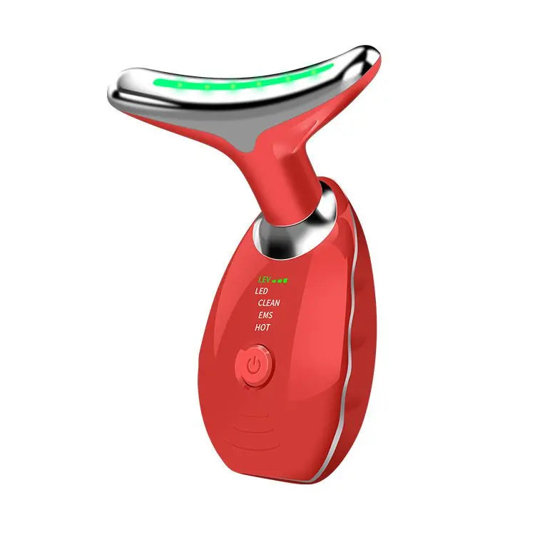 Red Neck and Face Massager - 3 Colour Light Therapy, EMS Microcurrent, Vibration & Heat - Rechargeable Anti-Ageing Device for Wrinkles, Neck Lines, Jawline & Skin Tightening - Portable Home Beauty Tool Wholesale Hub