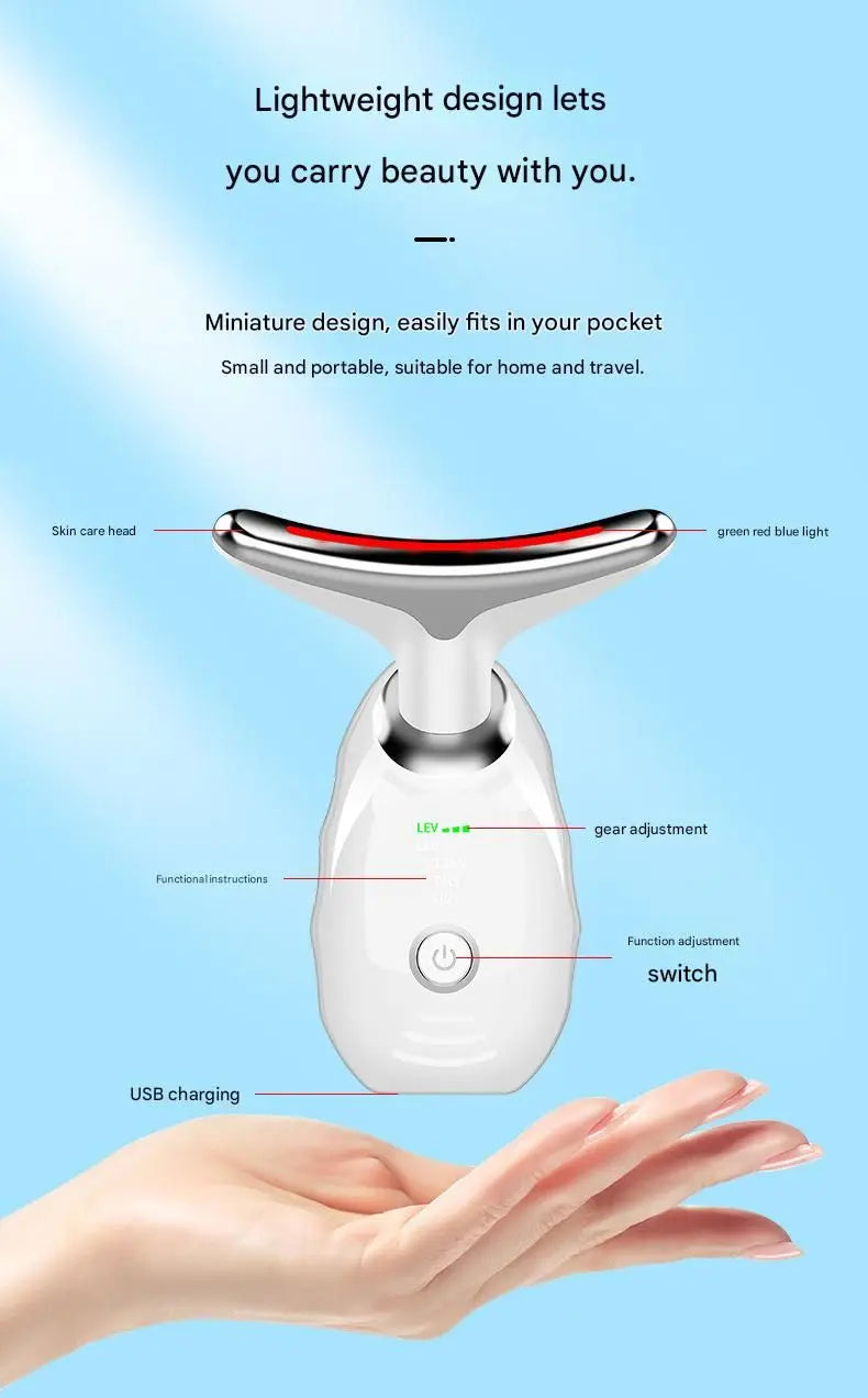 Red Neck and Face Massager - 3 Colour Light Therapy, EMS Microcurrent, Vibration & Heat - Rechargeable Anti-Ageing Device for Wrinkles, Neck Lines, Jawline & Skin Tightening - Portable Home Beauty Tool Wholesale Hub