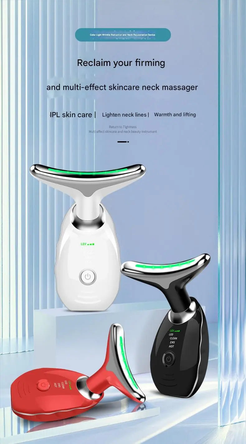 Pink Neck and Face Massager - 3 Colour Light Therapy, EMS Microcurrent, Vibration & Heat - Rechargeable Anti-Ageing Device for Wrinkles, Neck Lines, Jawline & Skin Tightening - Portable Home Beauty Tool Wholesale Hub